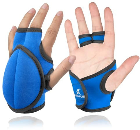 Pair of blue fingerless weighted gloves worn on both hands, showing the padded back-of-hand panels and open finger design against a white background.