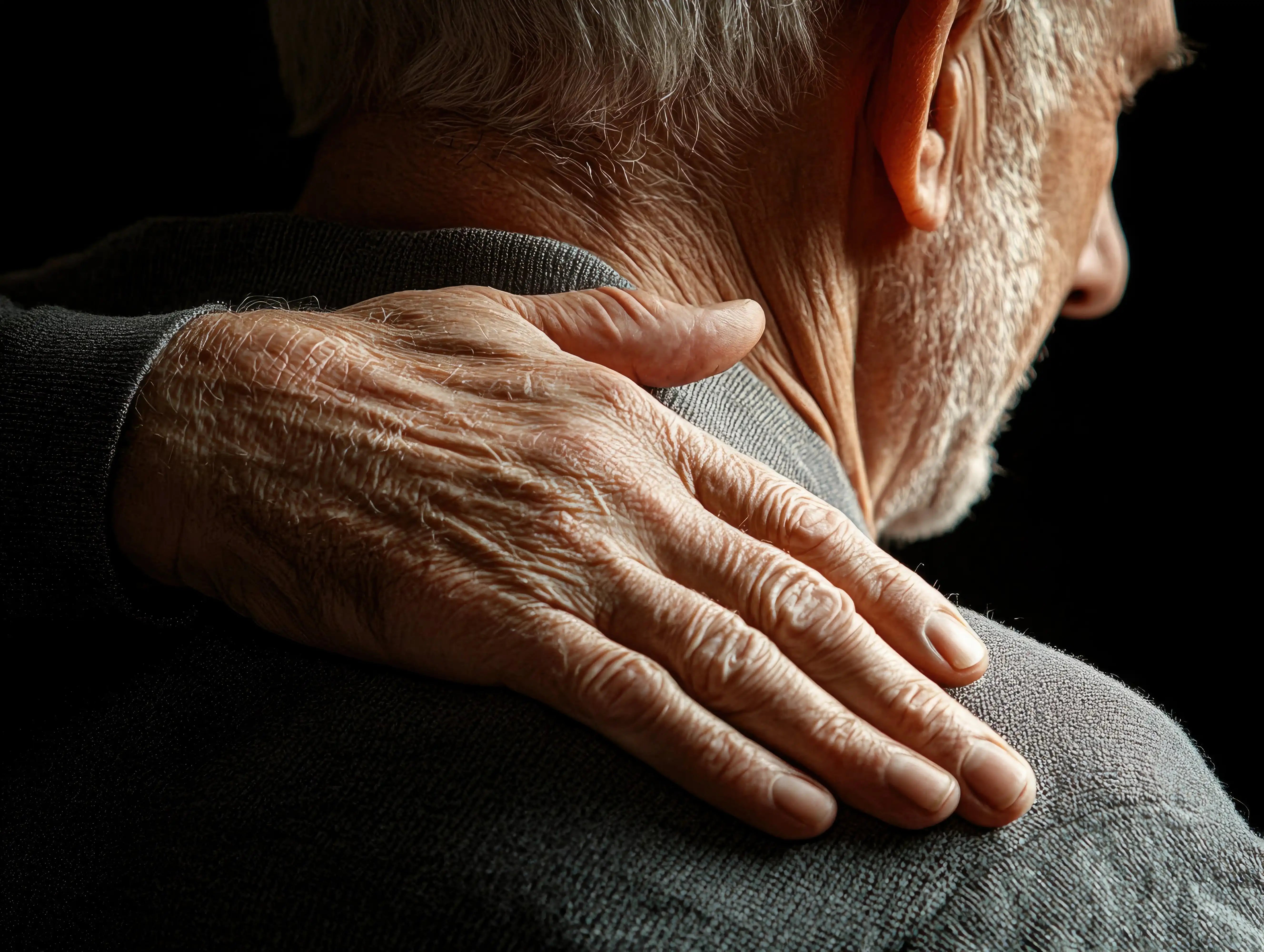 Elderly person resting hand on shoulder in low light, reflecting hereditary Parkinson's Disease family history concerns.