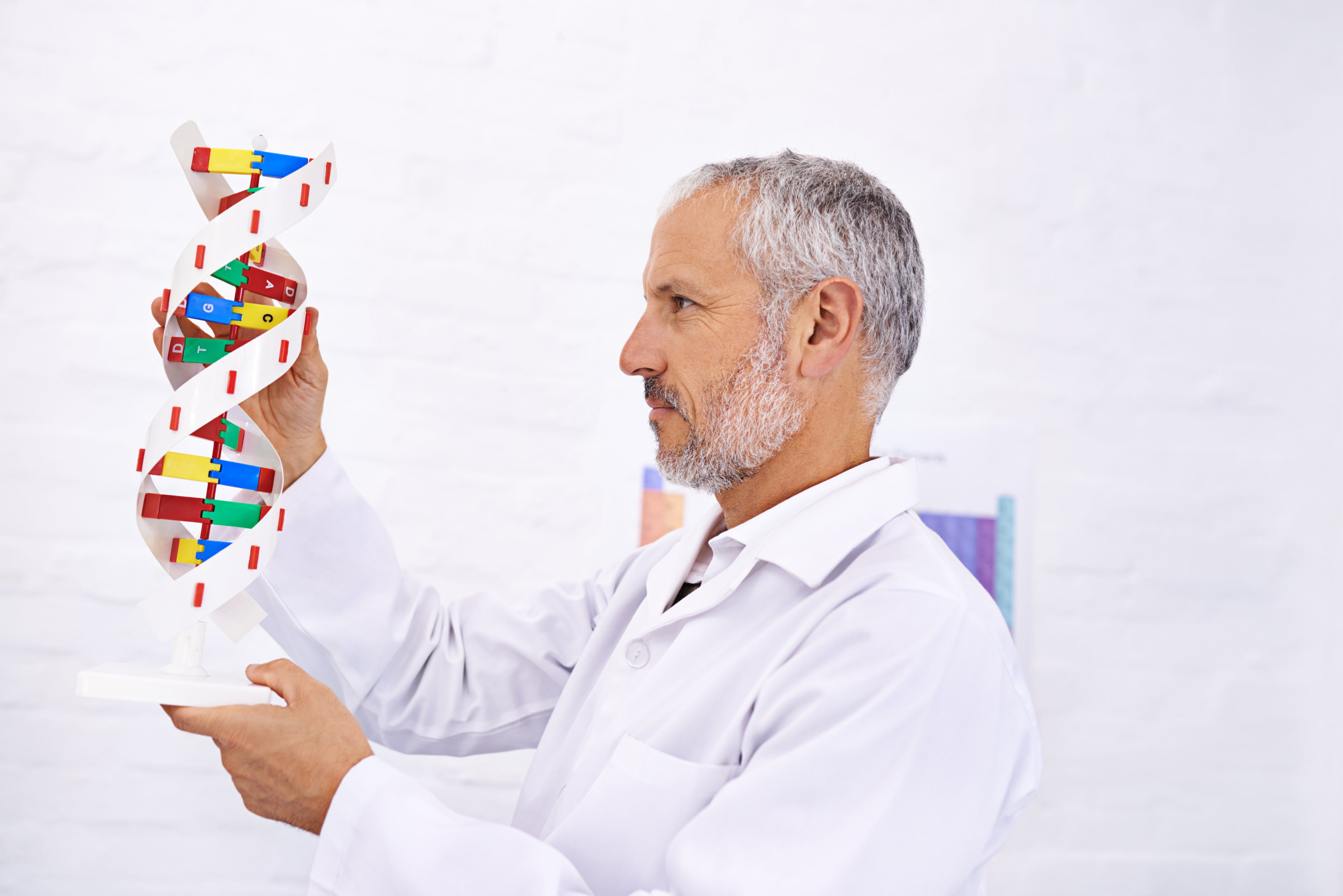 Researcher in white coat examining DNA double helix model, representing genetic Parkinson's Disease mutation research.