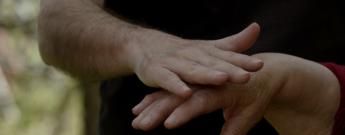 Close-up of two hands touching, one with fair skin and the other with darker skin, set against a dark shirt and a blurred outdoor background.