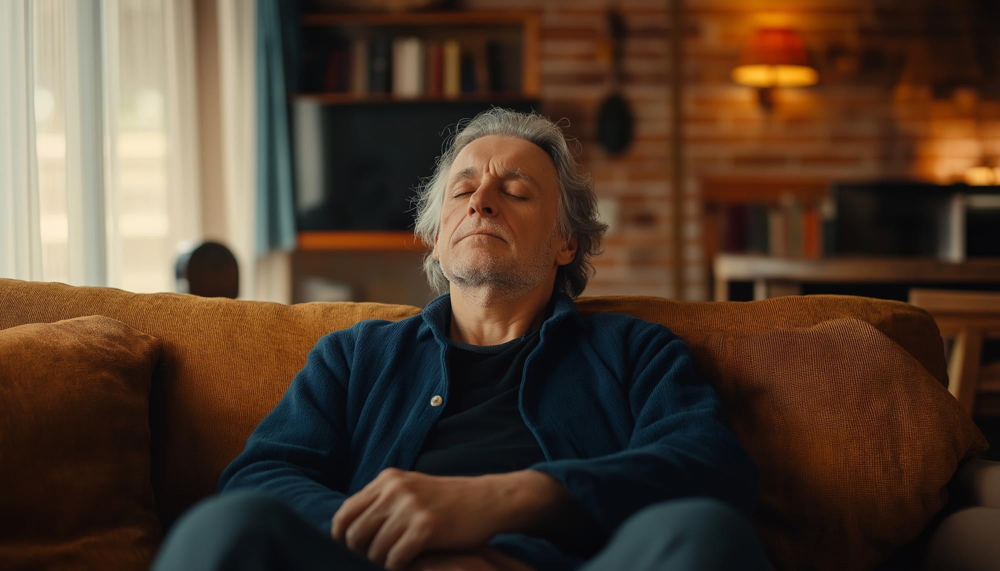 Man managing tremors from anxiety through relaxation techniques.