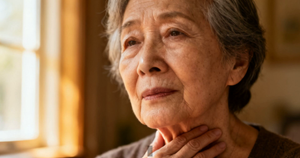 An elderly woman with a hand at her throat — a reminder that essential tremor can affect the head and voice, not just the hands.
