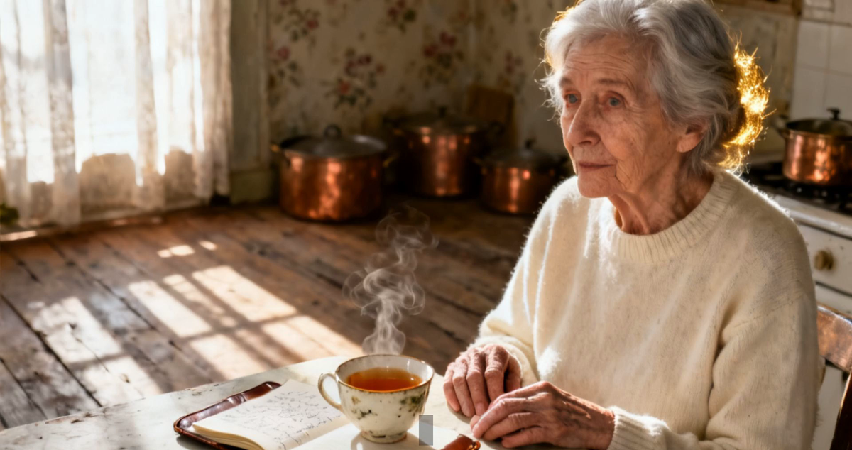 An elderly woman sitting with a cup of tea and an open notebook at her kitchen table, thinking through her next steps after an essential tremor diagnosis.