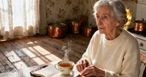 An elderly woman sitting with a cup of tea and an open notebook at her kitchen table, thinking through her next steps after an essential tremor diagnosis.