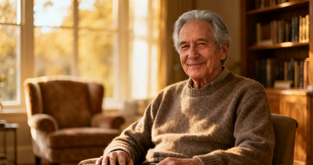 A calm, confident elderly man sitting in a comfortable book-lined living room — the welcoming face of a complete patient guide to essential tremor.