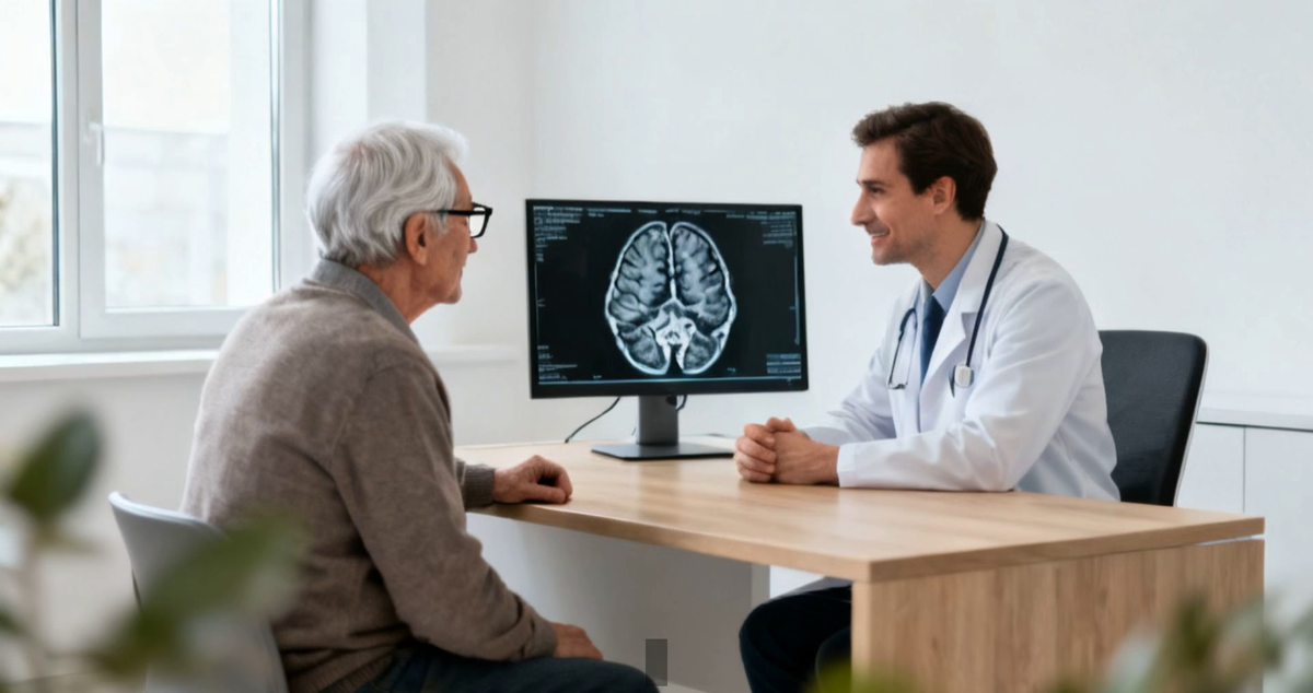 An elderly man discussing deep brain stimulation with a neurologist, a brain scan on the screen between them.
