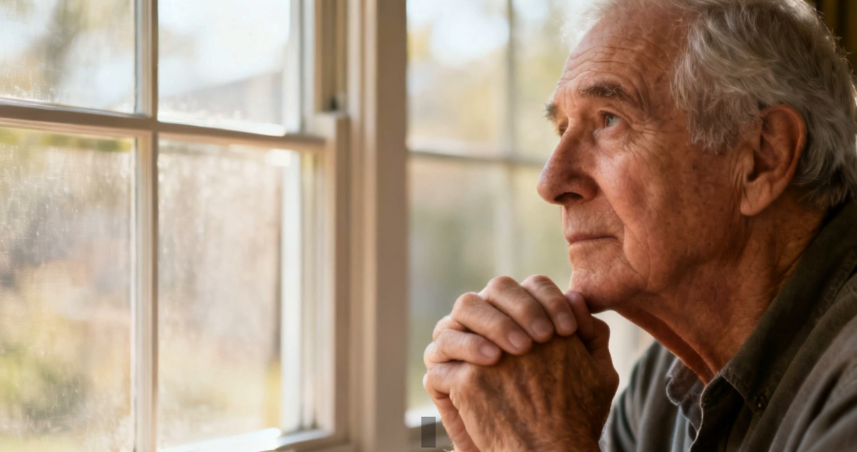 An elderly man looking thoughtfully out a window, weighing the decision of whether to consider surgery for essential tremor.