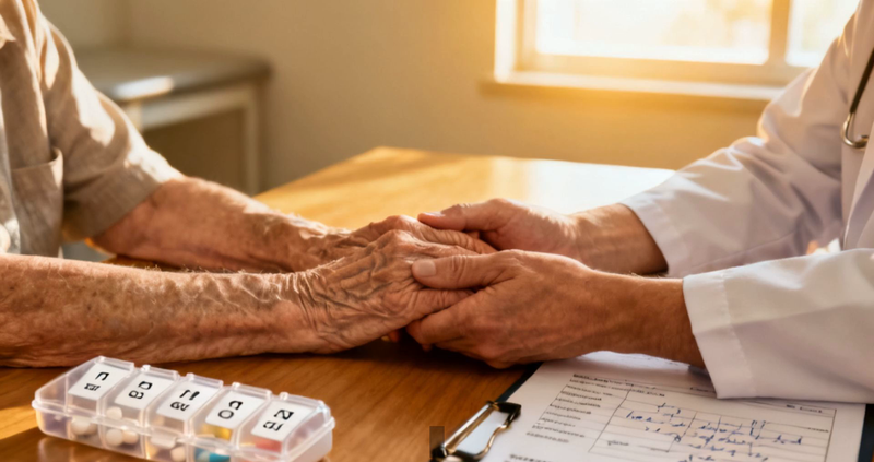 A doctor's hands reassuringly holding an elderly patient's hands across a desk, with a weekly pill organizer and a clipboard, discussing tremor treatment options.