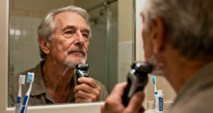 An older man shaving with an electric razor at a bathroom mirror