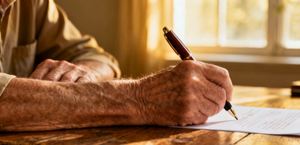An older adult braces their forearm on a wooden desk and signs a document with a comfortable-grip pen in warm window light.