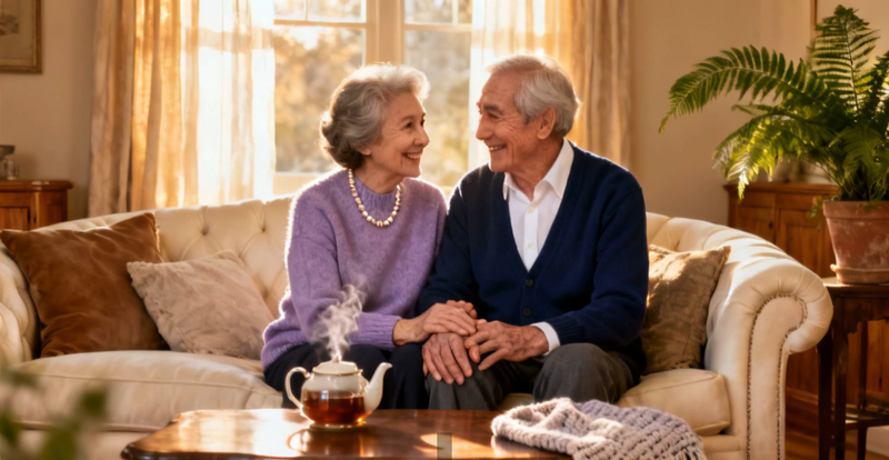 An elderly couple relaxing and smiling together at home over tea, living well day to day with essential tremor.