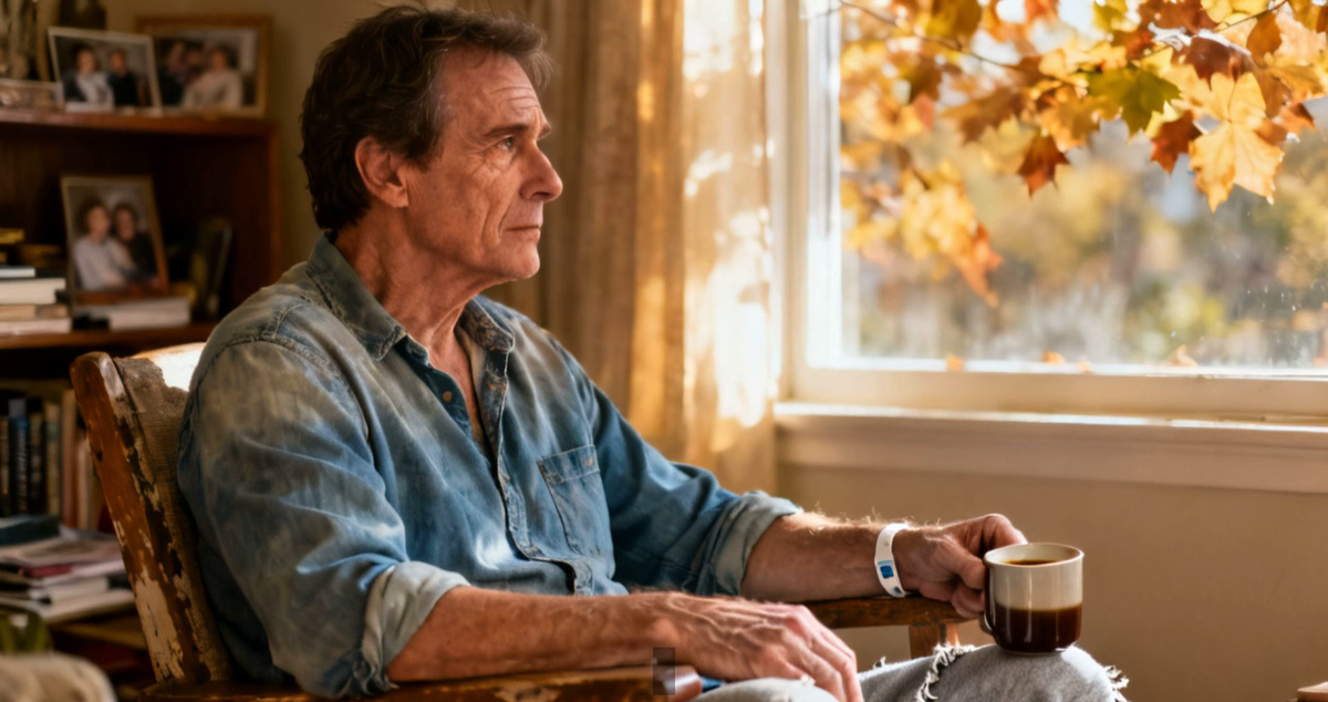 A man in his late 40s sitting thoughtfully by a window at home with a cup of coffee — living with young-onset Parkinson's.
