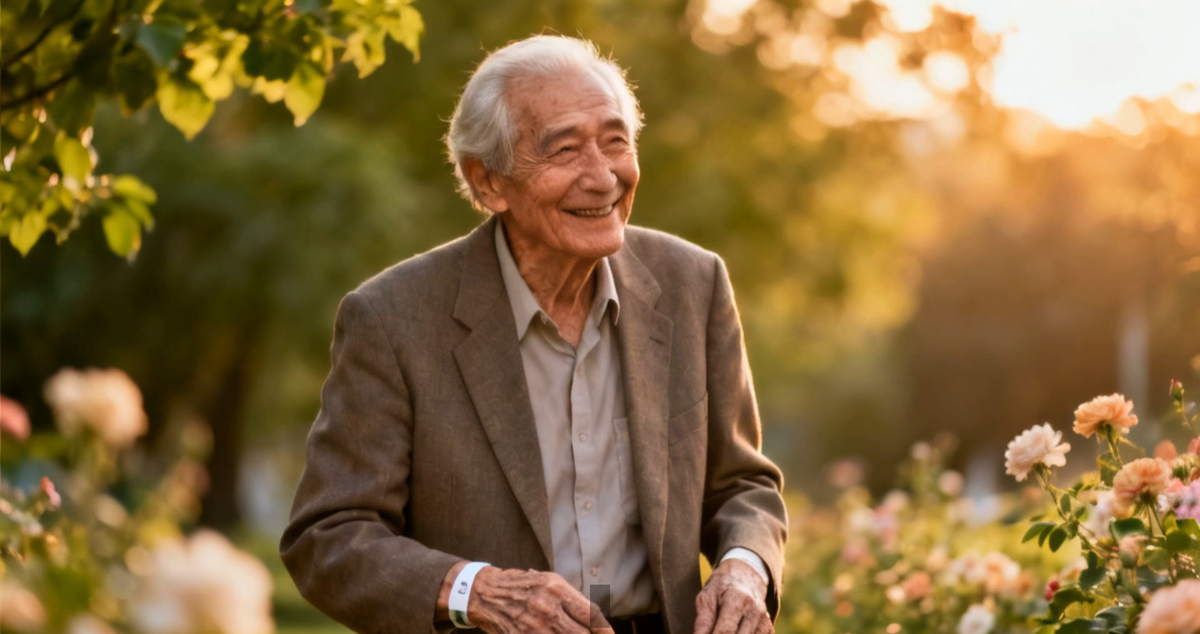 A smiling elderly man in a garden at golden hour — living well day to day with Parkinson's disease.