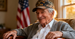 An elderly military veteran wearing a veteran's cap, seated at home with an American flag behind him — navigating VA benefits for tremor and Parkinson's.