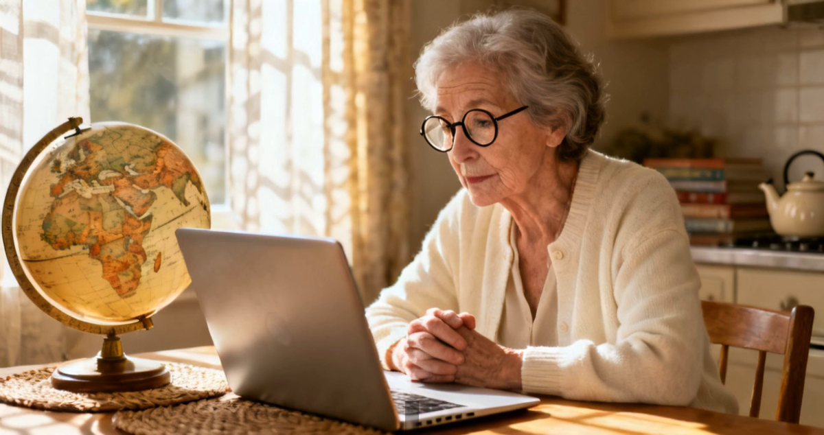 An elderly woman at a laptop with a world globe beside her, researching how tremor treatment and coverage work in different countries outside the US.