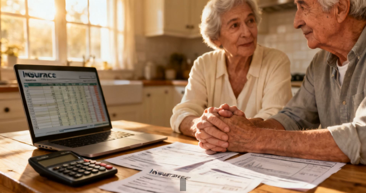 An elderly couple at their kitchen table with a laptop showing insurance information, paperwork and a calculator — working out how to pay for tremor treatment.