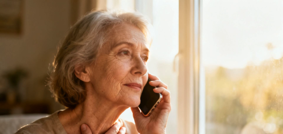 An older woman speaking on the phone by a sunlit window, one hand resting near her throat.