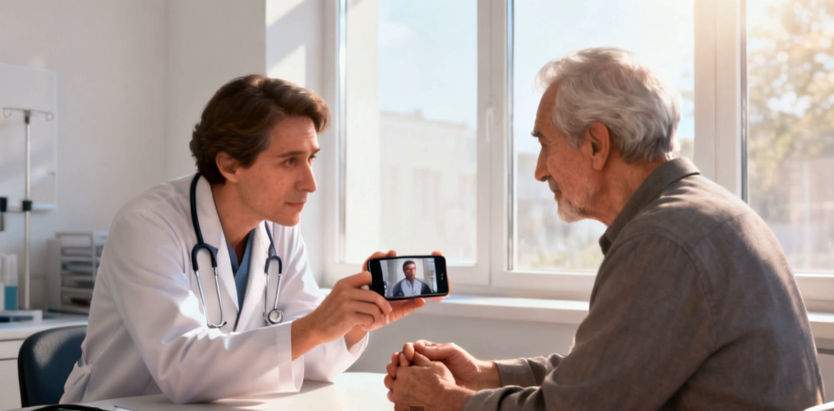 An older patient and a doctor looking together at a short video playing on a smartphone in a bright clinic room.