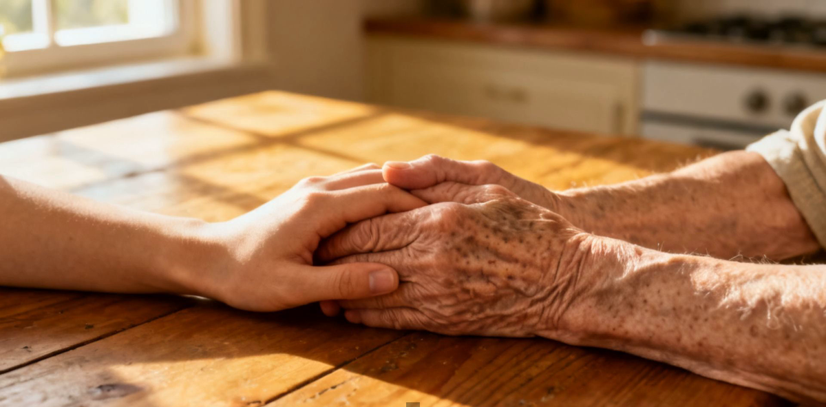 A younger adult's hand resting gently on an older adult's hand on a sunlit kitchen table.