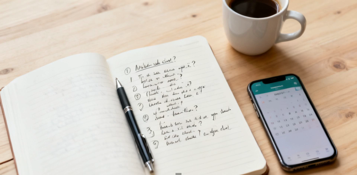 An open notebook with a handwritten list of questions, a pen, a phone showing a calendar, and a cup of coffee on a wooden desk.
