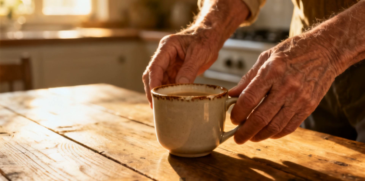 An older adult's hands calmly setting down a coffee cup on a wooden kitchen table in warm morning light.