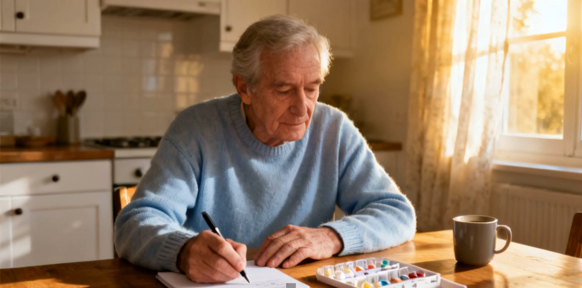 An older adult at a kitchen table writing a note, with a weekly pill organizer beside them in warm light.