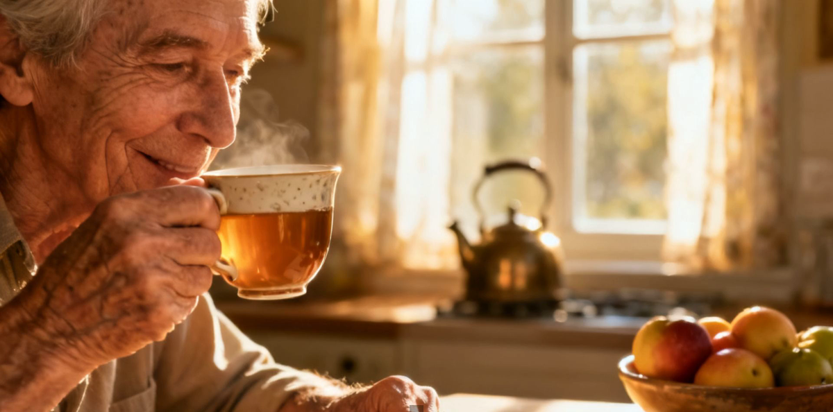 An older adult contentedly holding and sipping from a full cup of tea in a sunlit kitchen.