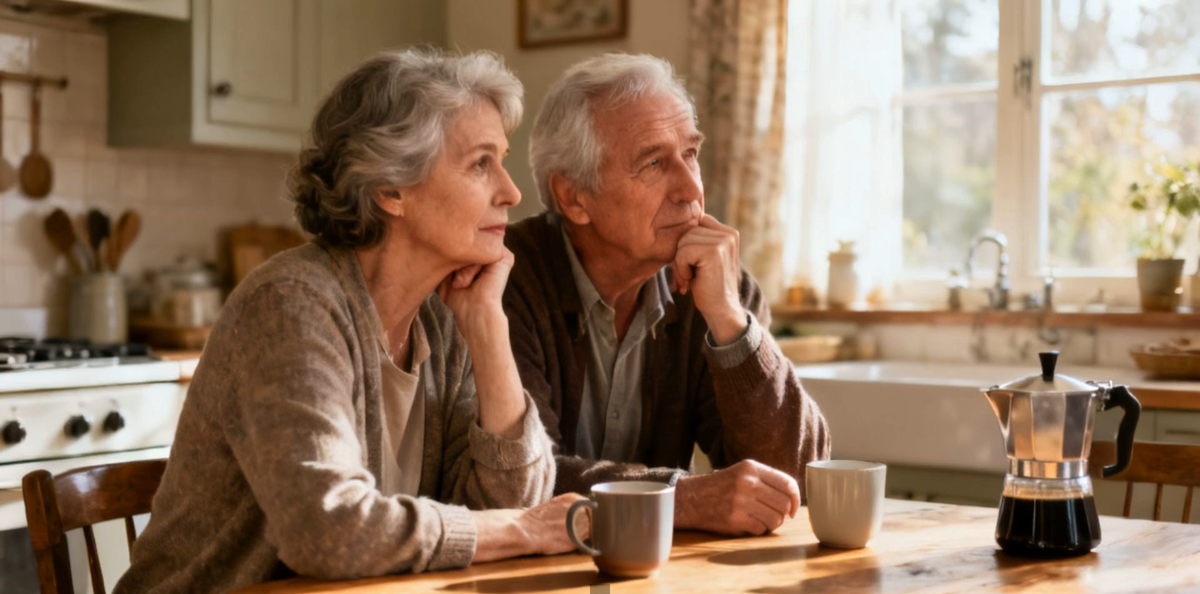 An older couple sitting thoughtfully together at a sunlit kitchen table with coffee, talking over a decision.