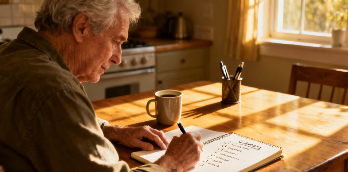 An older adult writing a checklist of questions in a notebook at a sunlit kitchen table, focused and prepared.