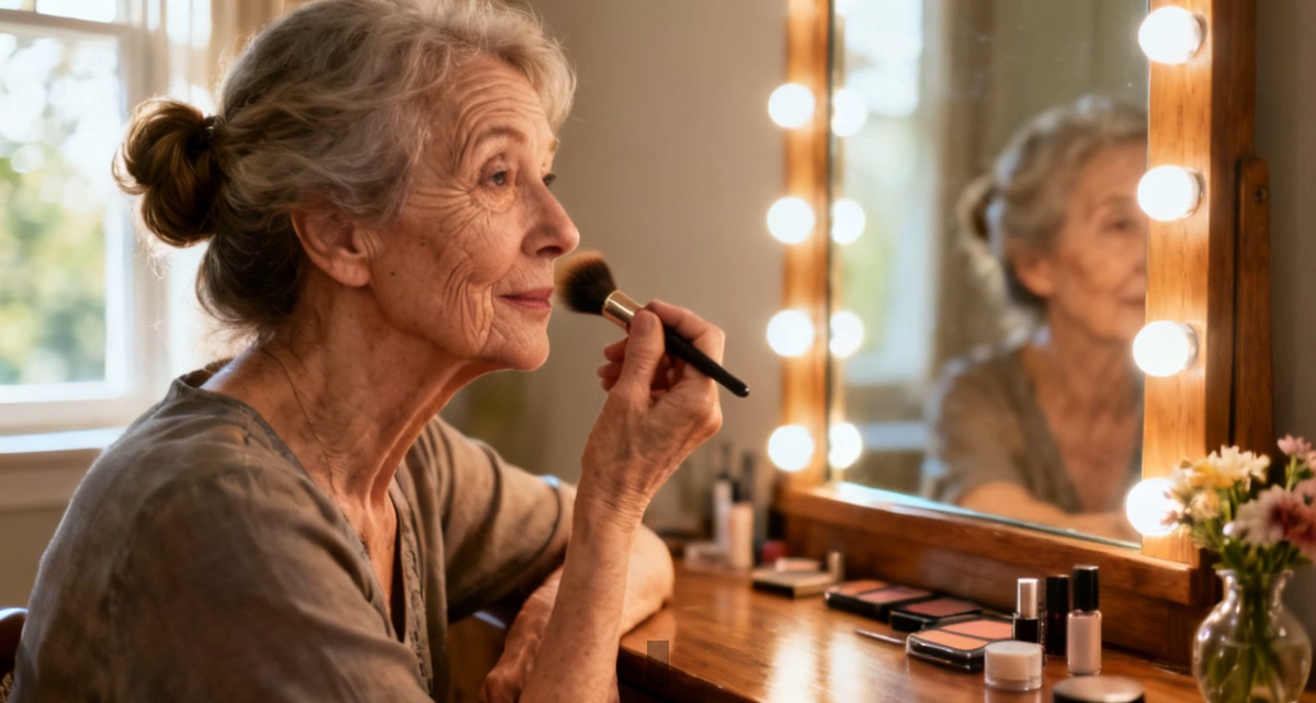 An older woman applying makeup with a brush, her elbow braced on the vanity in front of a lit mirror