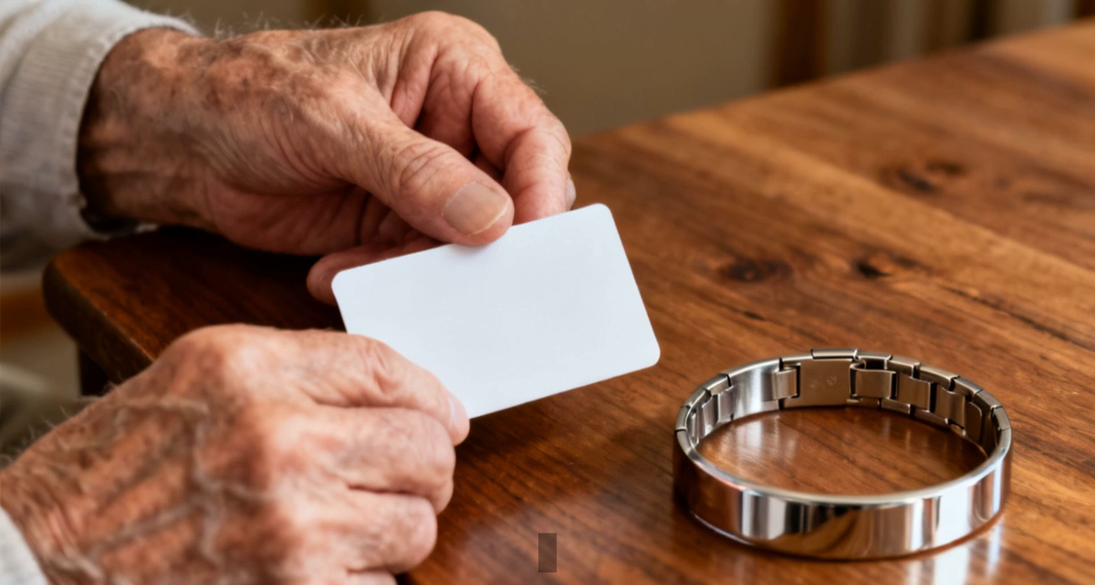 An older adult's hands holding a plain medical ID card, with a stainless steel medical alert bracelet on the table