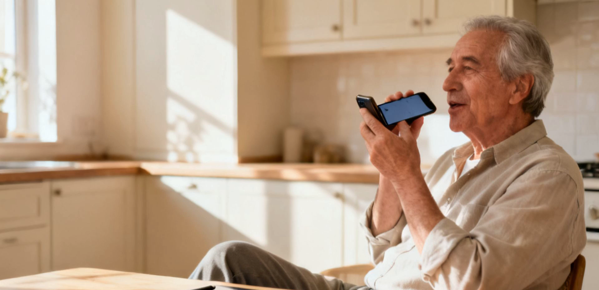 An older man sits at a sunlit kitchen table dictating to his phone with voice-to-text, a tablet and stylus resting on the table beside him.