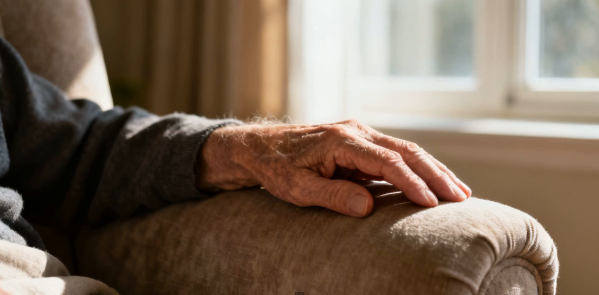 An elderly person's hand resting quietly and still on the arm of a soft armchair in warm window light — the resting position where a Parkinson's tremor is typically most visible.