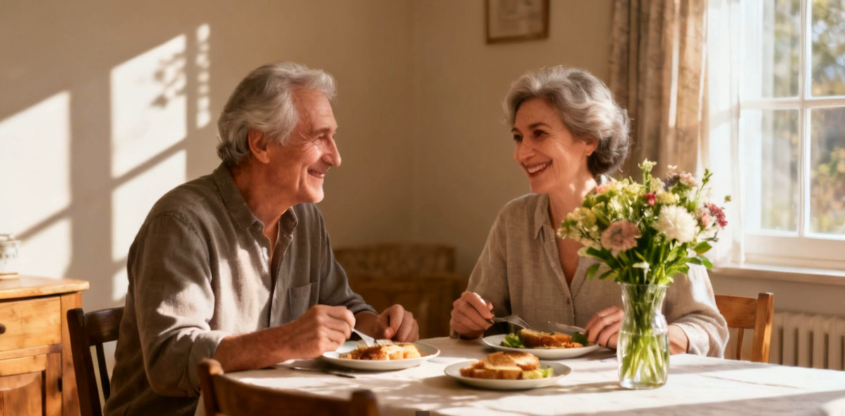 An older couple sharing a relaxed meal together at a sunlit home dining table, smiling in conversation — mealtimes kept social and unhurried.