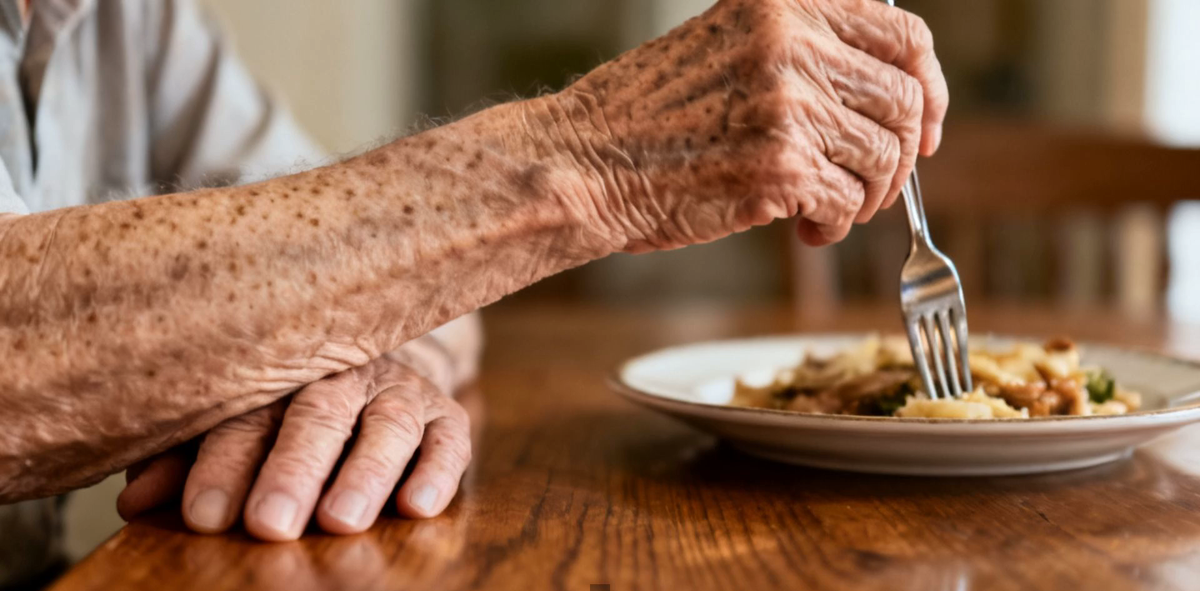 An older person eating at a wooden table with one forearm resting flat on the table for support while the other hand brings a fork to a plate — the braced posture that steadies the hand during a meal.