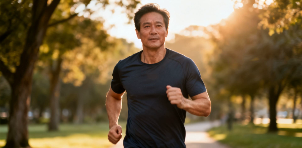 A fit adult in their late thirties jogging on a tree-lined park path in warm morning light — regular vigorous exercise is one of the most consistently recommended interventions in Parkinson's.