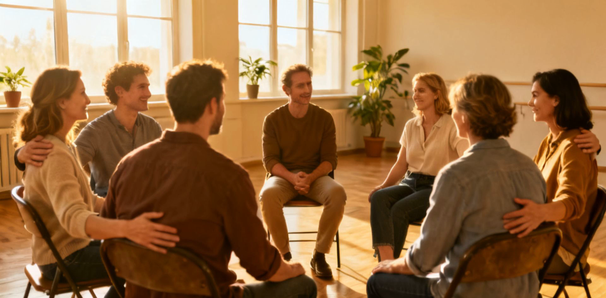 A small group of adults in their thirties and forties sitting in a relaxed circle in a bright room, talking and supporting one another at a peer support group.