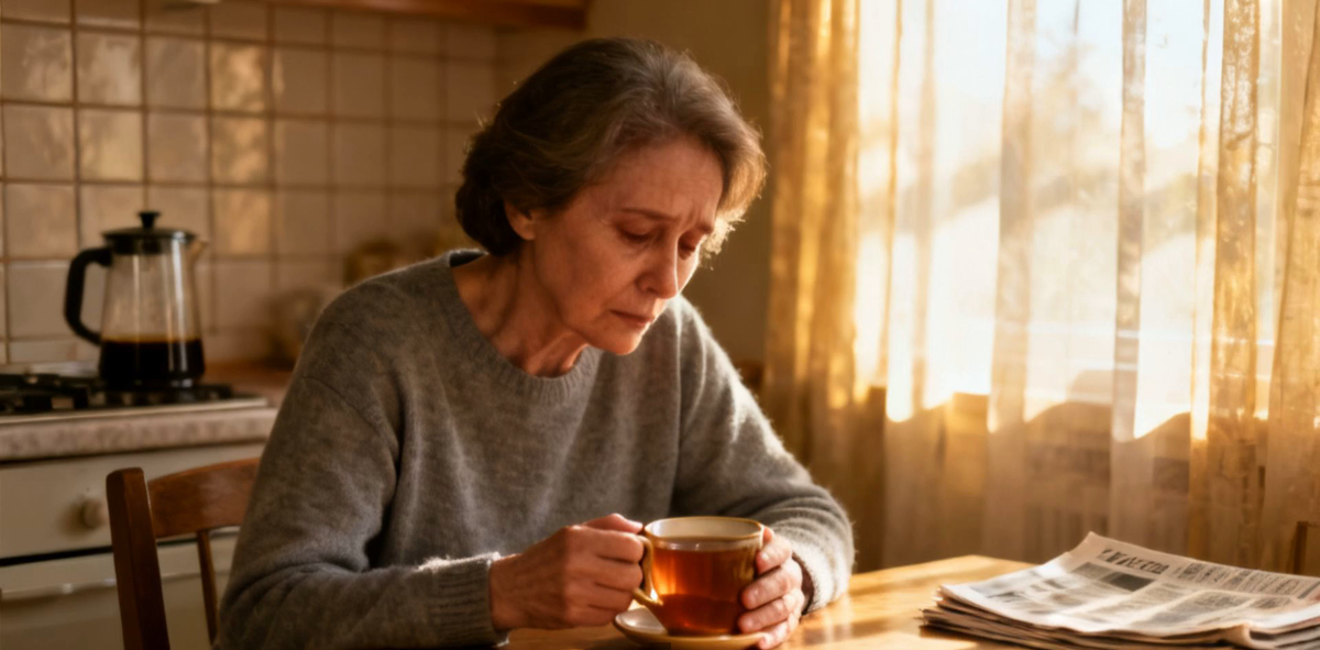 A tired caregiver sitting alone at a kitchen table holding a cup of tea in warm morning light, quiet and reflective.