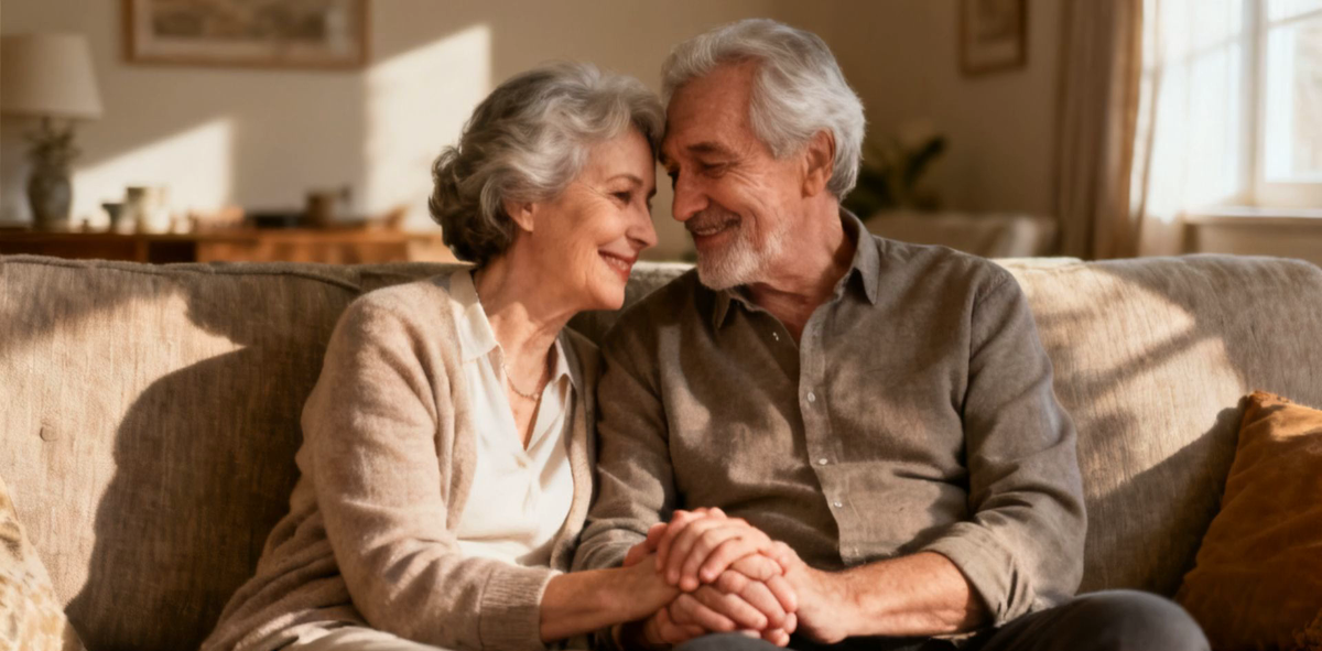 An older couple sitting close together on a sofa at home, holding hands and sharing a warm, tender moment.