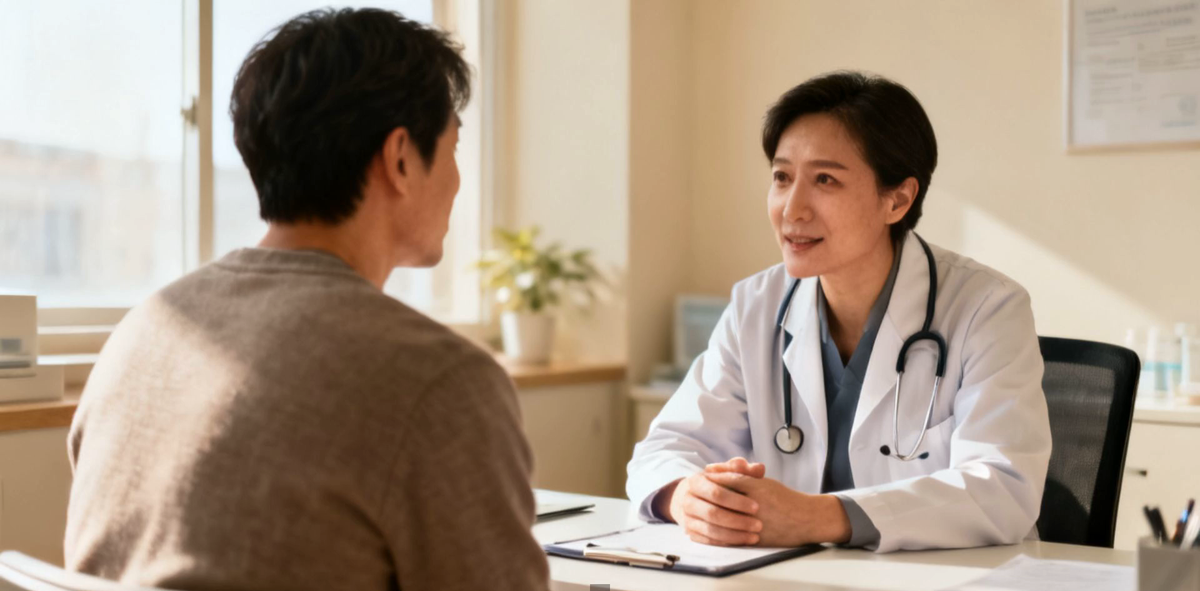 A patient talking with an attentive primary-care doctor in a bright consultation room, the doctor listening and reassuring.