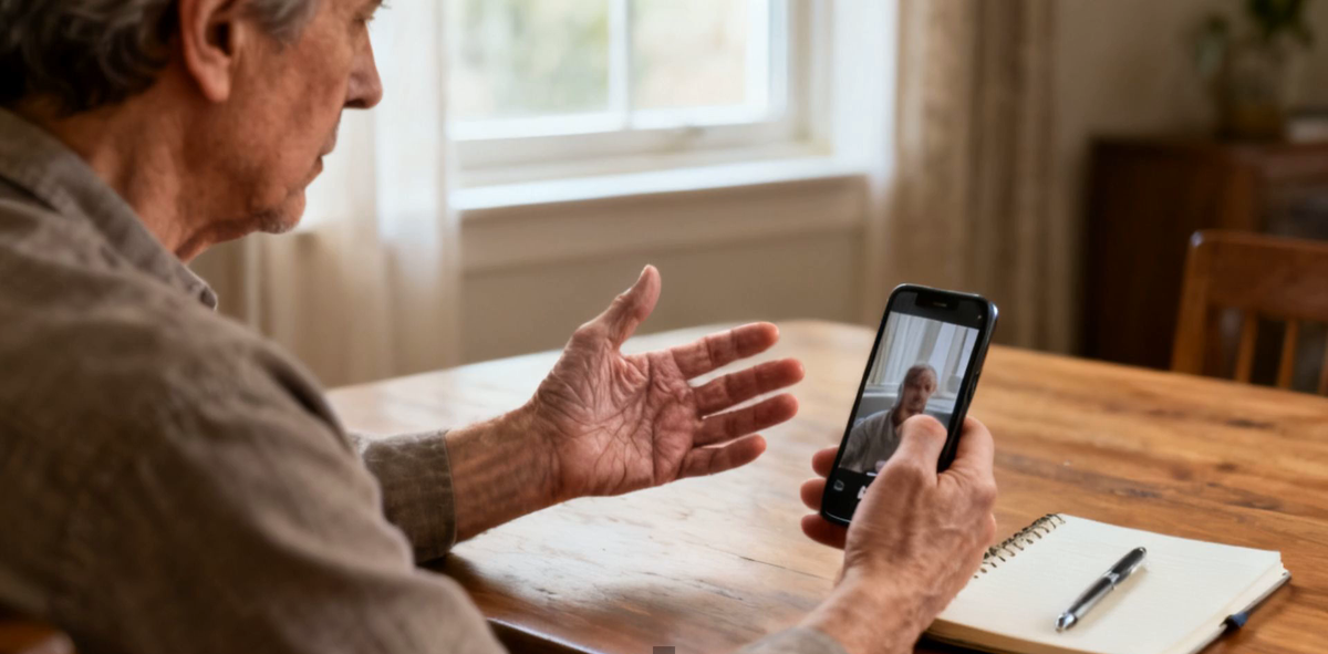 An older person filming their own outstretched hand on a smartphone to document a tremor, with an open notebook and pen on the table beside them.